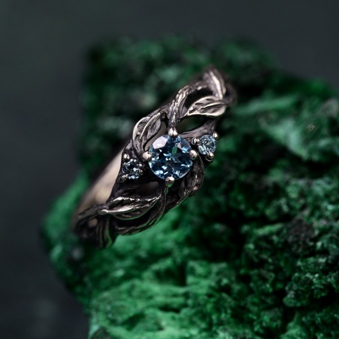 Whispering Leaves: Gothic Blue Topaz Ring
