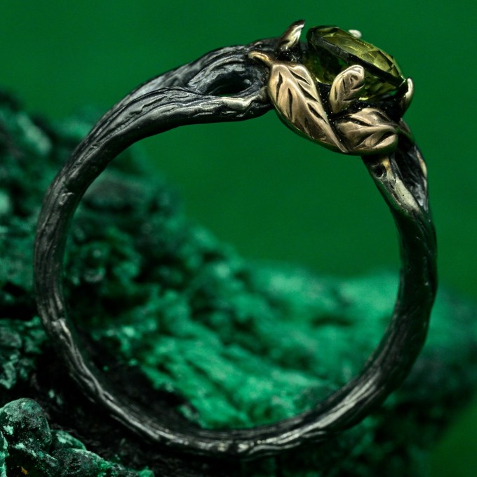 Mystical Forest Ring with Peridot - Leafy Engagement Ring with Branch and Blossom