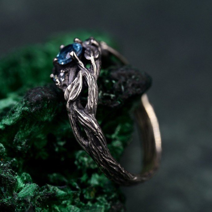 Whispering Leaves: Gothic Blue Topaz Ring
