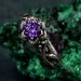 Amethyst Dewdrop Ring - Silver Leaves Embrace with Botanical Romance Design