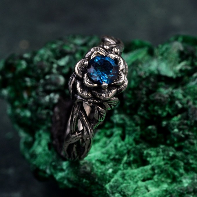 Bloom of Dusk: Gothic London Blue Topaz Rose Ring