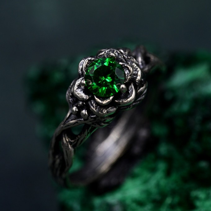 Enchanted Forest Emerald Ring - Whimsical Celtic Twig & Lotus Wedding Band