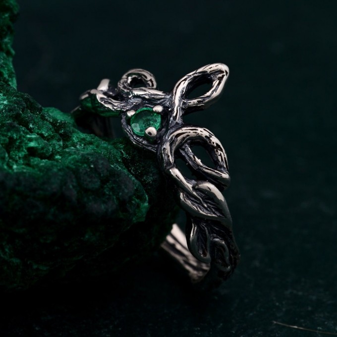 Delicate Leaf Braid with Wood Bark Branch Weave – One-of-a-Kind Silver Fairy Engagement Ring