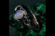 Moonlight Magic: Mystical Black Witch Engagement Ring with Moonstone and Moon Style Leaf Design, Woman Wilderness Ring