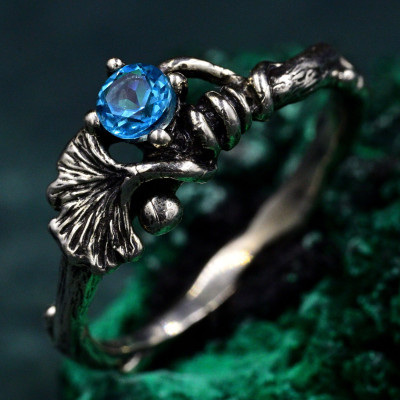 Boho Chic Silver Ring, Silver Twig and Ginkgo Biloba Leaf Engagement Ring, Woman Elvish Nature Bridal Ring