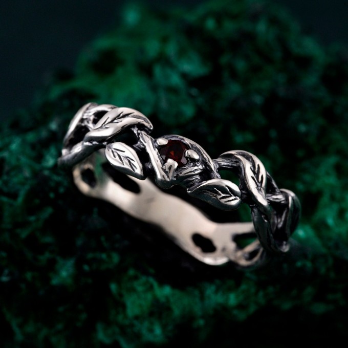 Garnet Twig Silver Ring with Dainty Branch and Petite Leaf Design