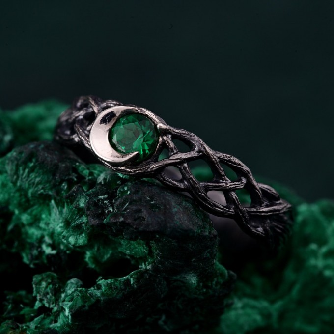 Enchanted Emerald Moon Ring with Whimsical Forest Branch Design