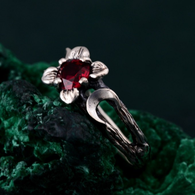 Mystic Ruby Lunar Ring - Triple Moon Goddess Silver Engagement Ring