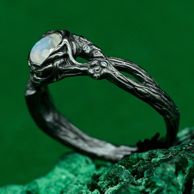 Moonstone Forest Branch Ring - Man’s Silver Vine Wedding Band with Unique Woodsy Texture