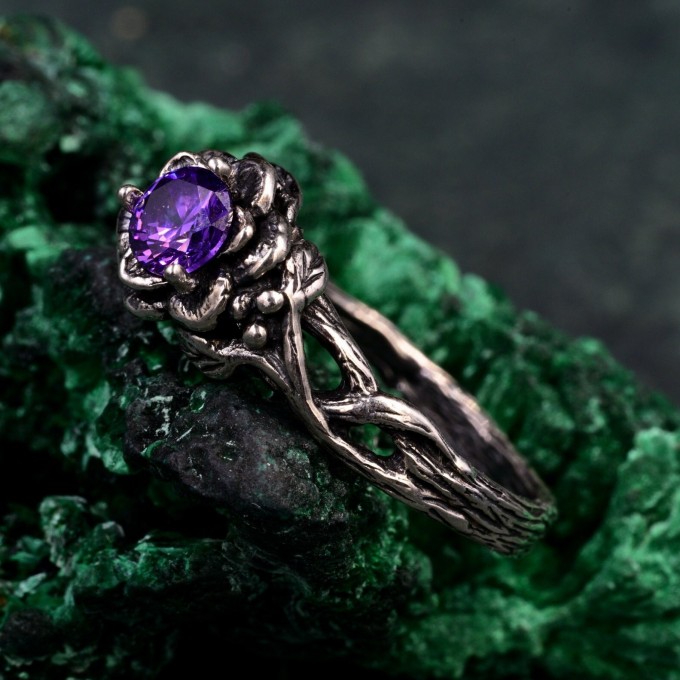 Amethyst Dewdrop Ring - Silver Leaves Embrace with Botanical Romance Design