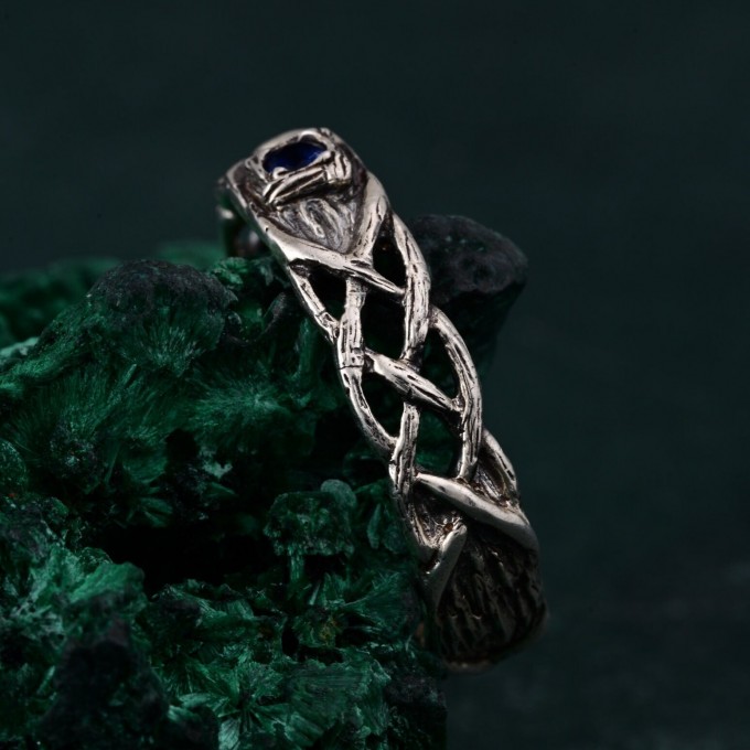 Wide Celtic Wedding Ring – Tree Bark Pattern with Sapphire, Vintage Style Sapphire Ring, Men's and Women's Wedding Band
