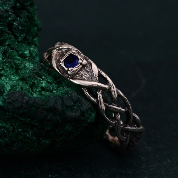 Wide Celtic Wedding Ring – Tree Bark Pattern with Sapphire, Vintage Style Sapphire Ring, Men's and Women's Wedding Band