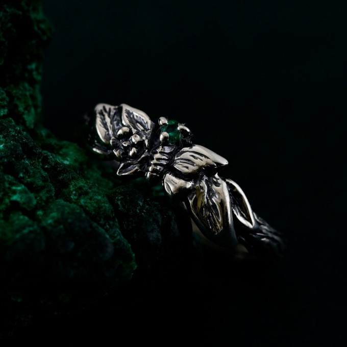 Unique Emerald Twig Engagement Ring – Sterling Silver Nature-Inspired Ring, Whimsical Butterfly Design, Artisan Crafted Jewelry