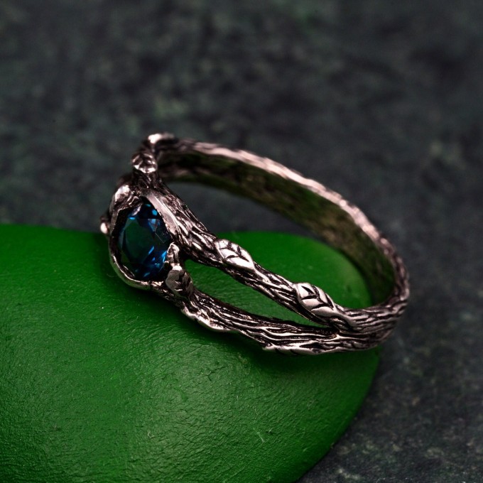 Enchanting Unique London Blue Topaz Celtic Ring - Double Branch Design