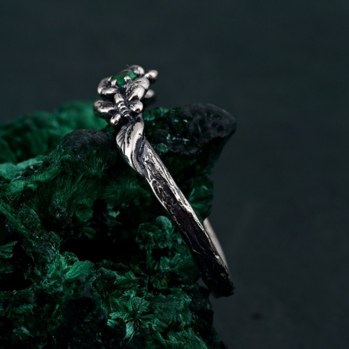 Enchanted Forest Silver Ring - Elegant Garnet & Moth Twig Design