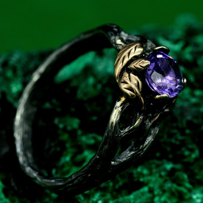 Mystical Forest Ring with Amethyst and Leafy Blossom Design