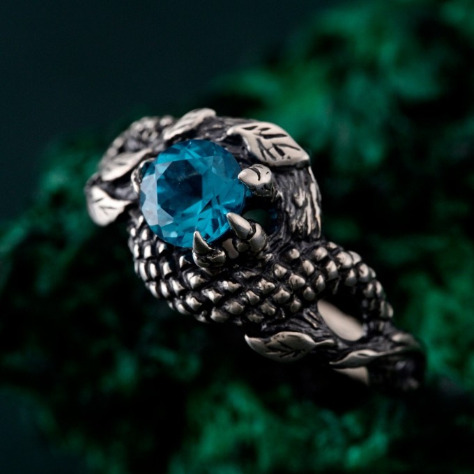 Azure Coil: Gothic Snake Ring with Blue Topaz