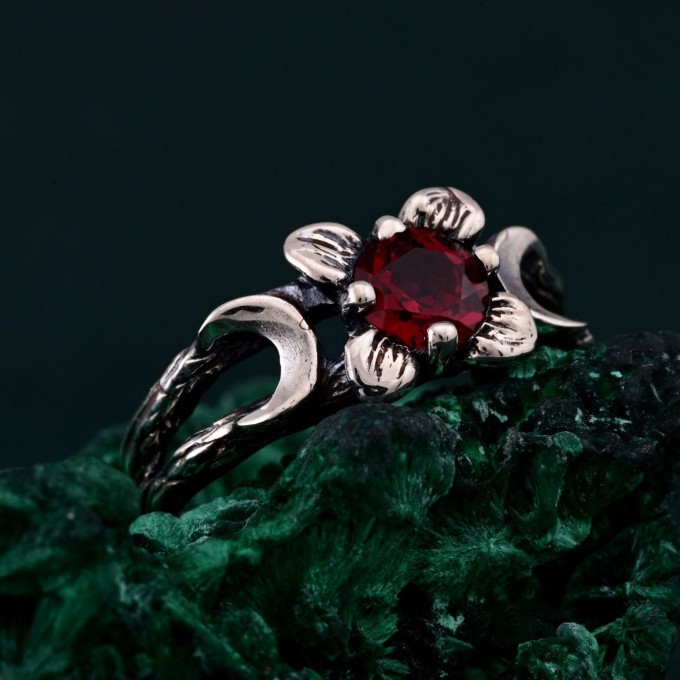 Mystic Ruby Lunar Ring - Triple Moon Goddess Silver Engagement Ring