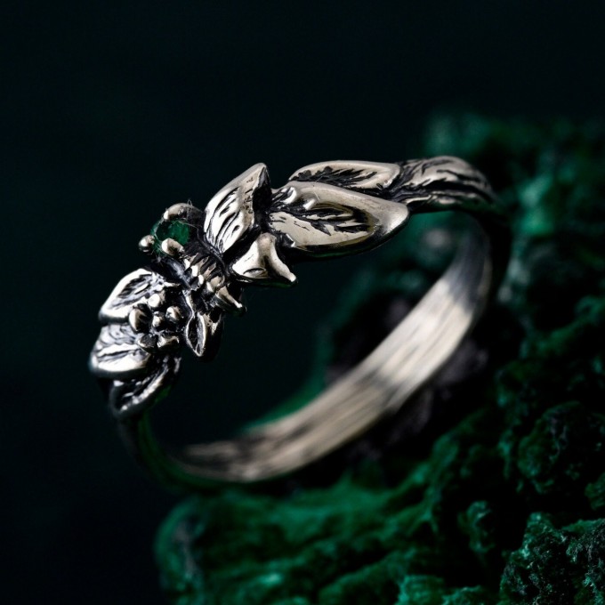 Nature-Inspired Unique Sterling Silver Engagement Ring with Emerald - Sparkle and Mystique, Elegant Butterfly Branch Engagement Ring