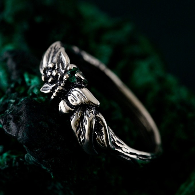 Unique Butterfly Engagement Ring – Nature-Inspired Design with Emerald, Twig Engagement Ring in Sterling Silver