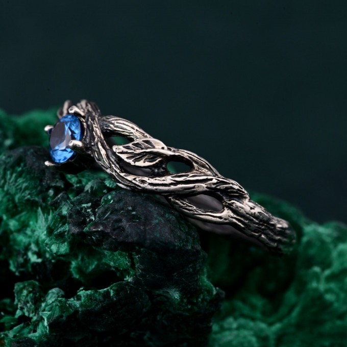Leaves of Serenity: Gothic Blue Gemstone Ring