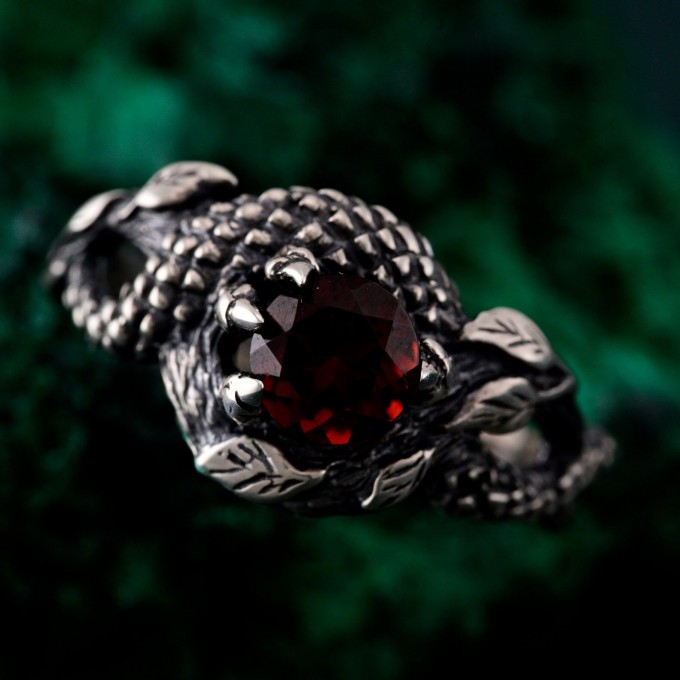 Garnet Serpent Ring with Vintage Dragon Scale Design