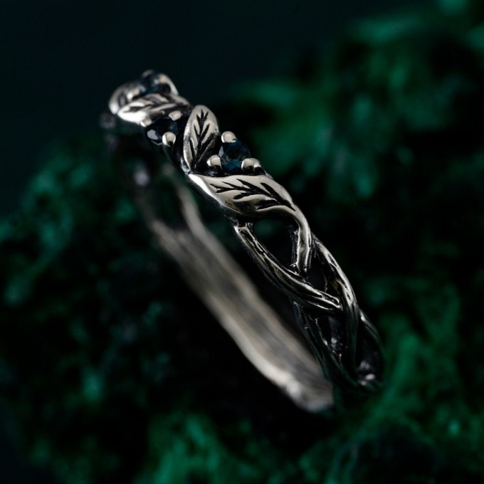 London Blue Topaz Silver Ring – Nature-Inspired Jewelry with Fairy Vine & Willow Leaf Design