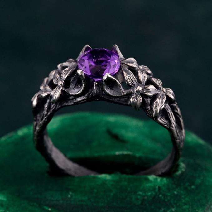 Gothic Silver Ring with Amethyst and Nature Motif