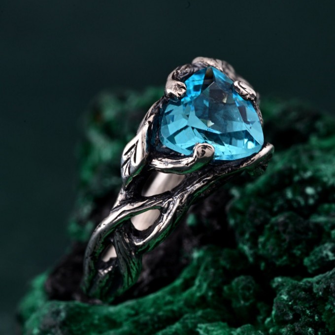 Handcrafted Topaz Leaf Ring – Artisan Silver Branch Design for Nature Lovers