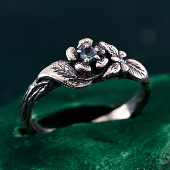 Floral Sterling Silver Ring with Blue Topaz