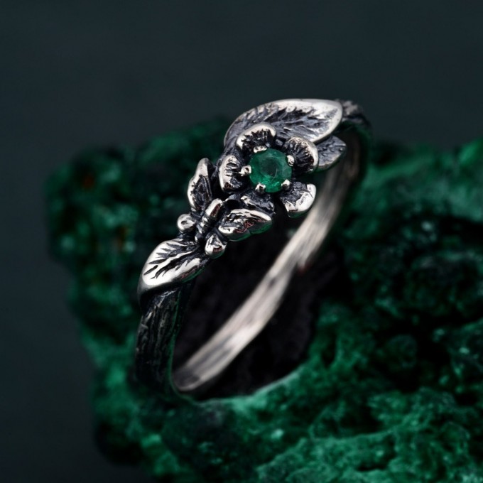 Enchanted Forest Silver Ring - Elegant Garnet & Moth Twig Design
