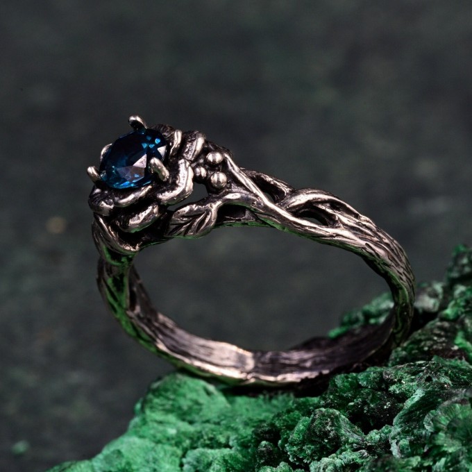 Bloom of Dusk: Gothic London Blue Topaz Rose Ring