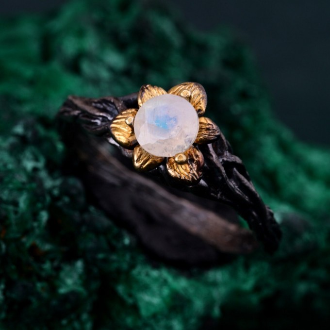 Moonstone Blossom Twig Ring & Enchanted Forest Moonstone Ring