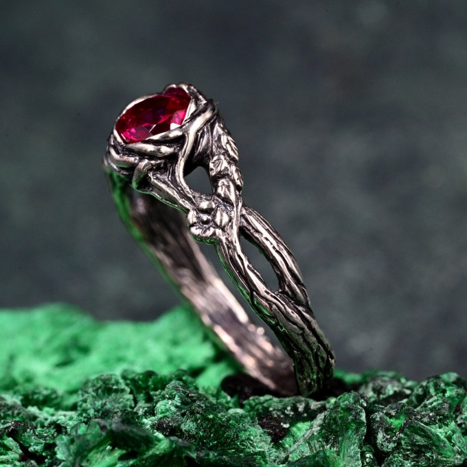 Nature-Inspired Sterling Silver Branch Ring with Ruby