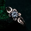 Gothic Silver Ring with Sapphire and Floral Design