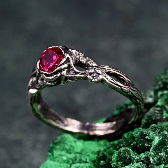 Nature-Inspired Sterling Silver Branch Ring with Ruby