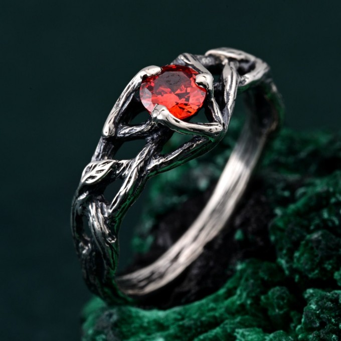 Garnet Nature-Inspired Branch Ring - Unique Silver Engagement Ring for Her