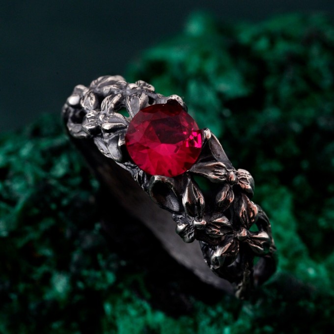 Crimson Blossom: Gothic Sterling Silver Ring with Radiant Ruby