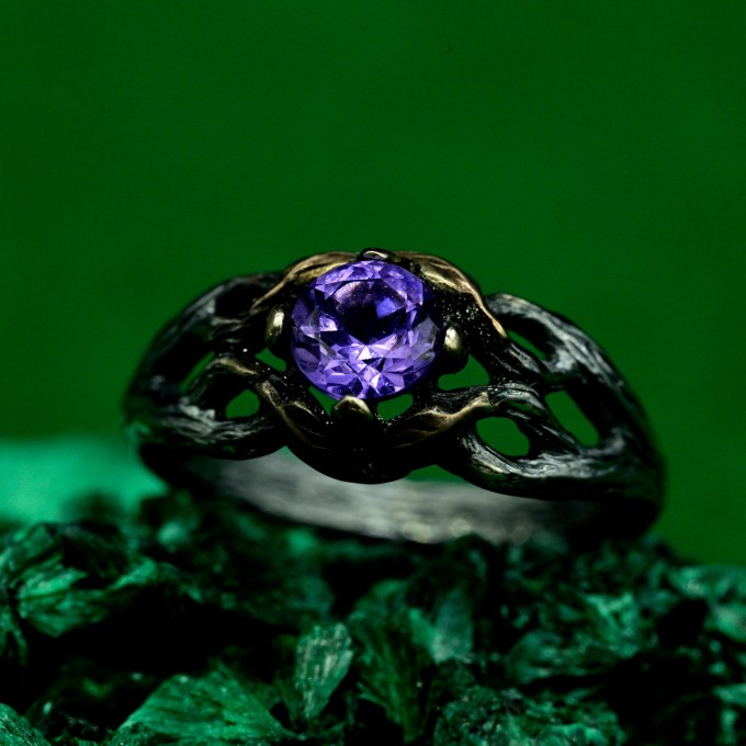 Mystical Forest Ring with Amethyst and Leafy Blossom Design