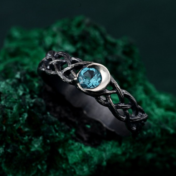 Silver Moon Topaz Ring: Mystical Celestial Blue Gemstone Band