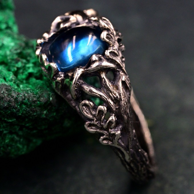 Forest Ring with Oval London Topaz and Sterling Silver Mushroom Design