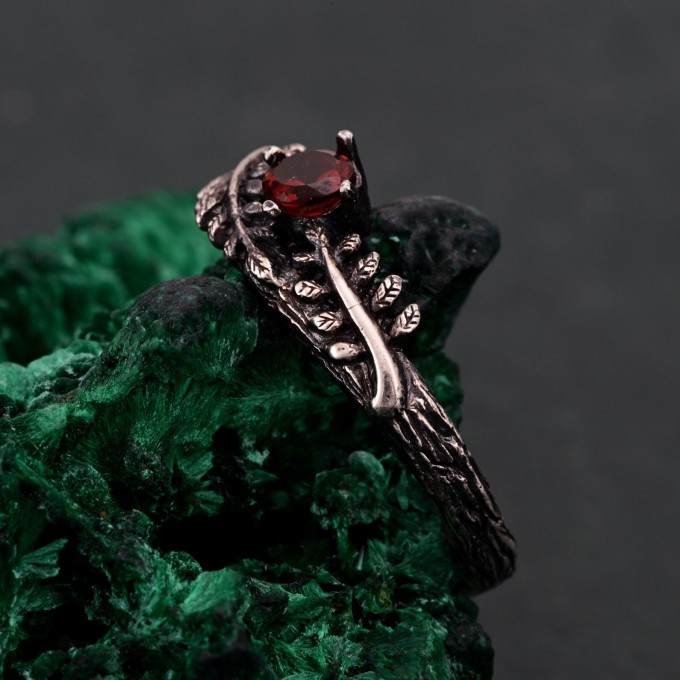 Garnet Fern Branchlet Ring - Woodland Fern Band with Graceful Frond Design