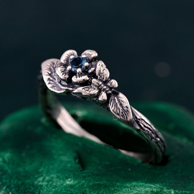 Floral Sterling Silver Ring with Blue Topaz