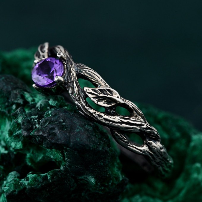 Leafy Branch with Amethyst Ring – Nature's Gemstone Adornment
