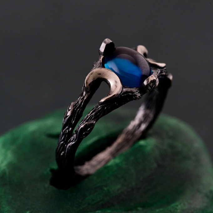 Silver Moon Phase Ring with Blue Gemstone: Enchanted Forest Bohemian Wedding Band