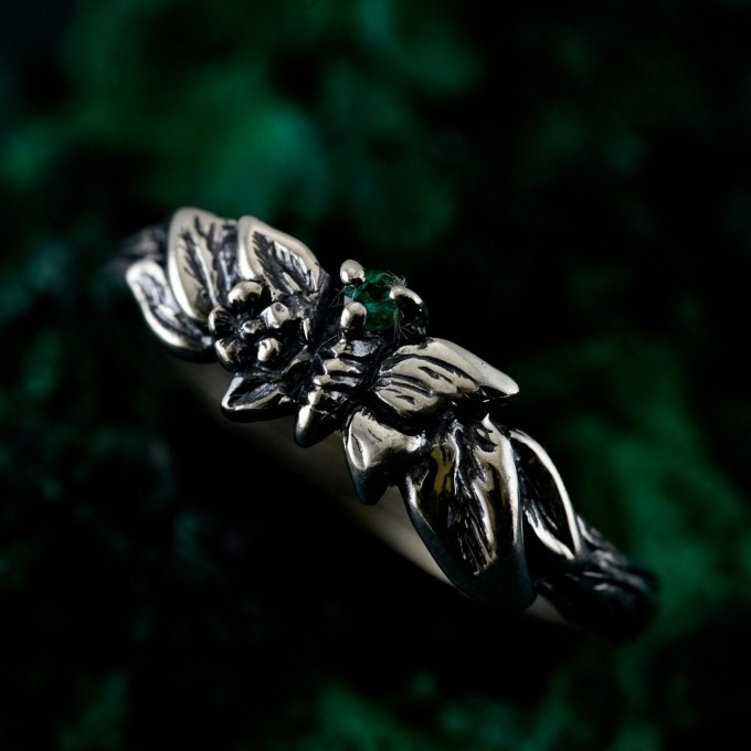 Unique Butterfly Engagement Ring – Nature-Inspired Design with Emerald, Twig Engagement Ring in Sterling Silver