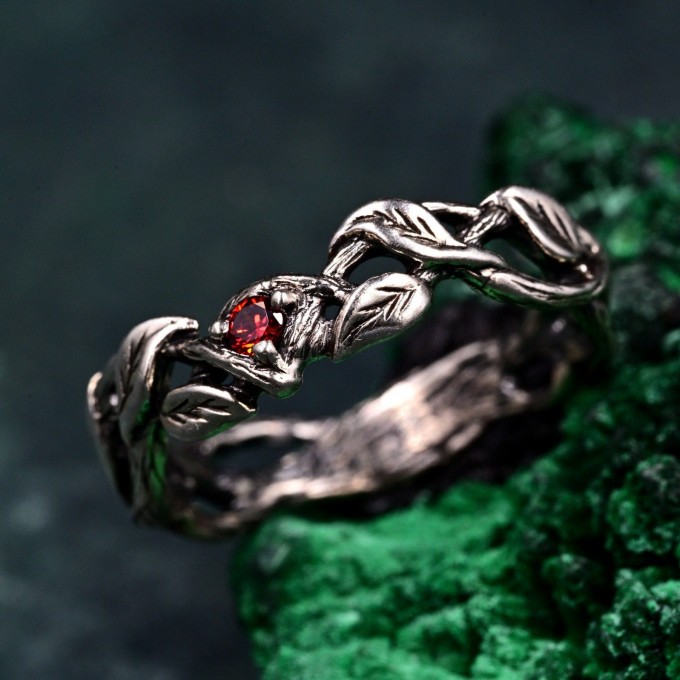 Men's Garnet Wedding Band & Nature-Inspired Silver Vine Leaf Promise Ring