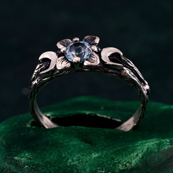 Gothic Silver Ring with Sapphire and Floral Design