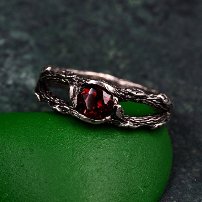 Unique Garnet Celtic Ring – Double Branch Design, Woodland Nature Engagement Ring in Alternative Fairy Style for Women