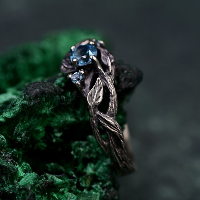Whispering Leaves: Gothic Blue Topaz Ring